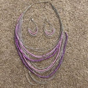 Purple beaded neclace & earrings